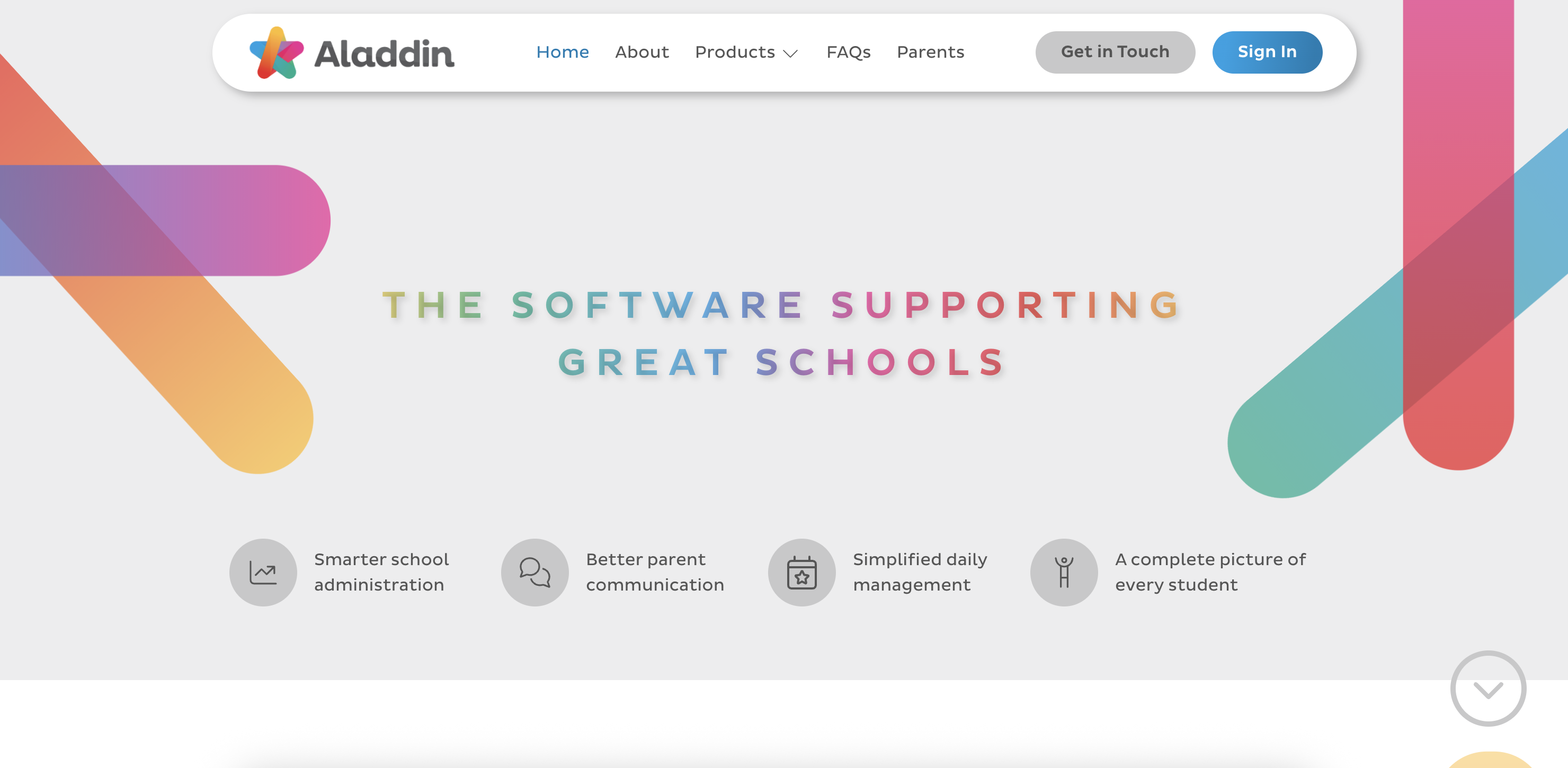 Aladdin marketing site: hero with headline The software supporting great schools and feature highlights.