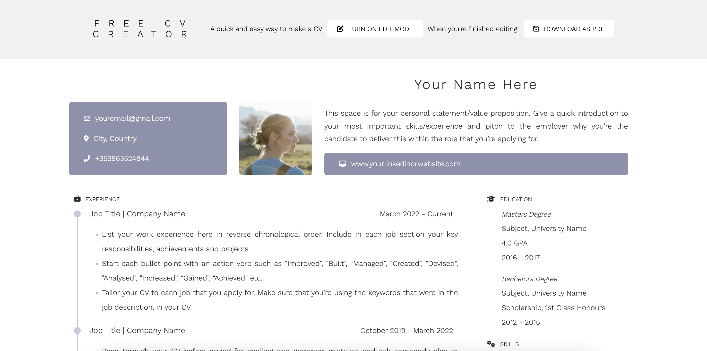 Free CV Creator: template preview with experience timeline and edit controls.