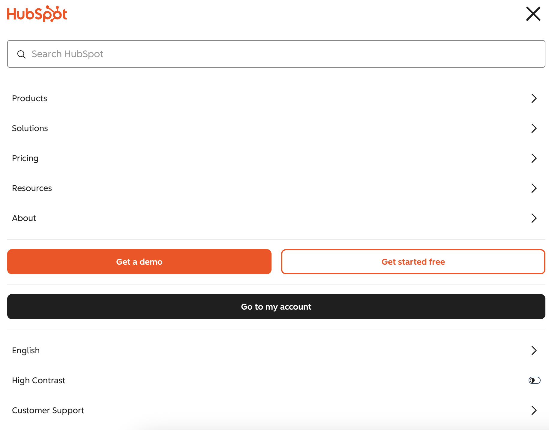 HubSpot mobile navigation overlay with search, primary links, and CTAs.