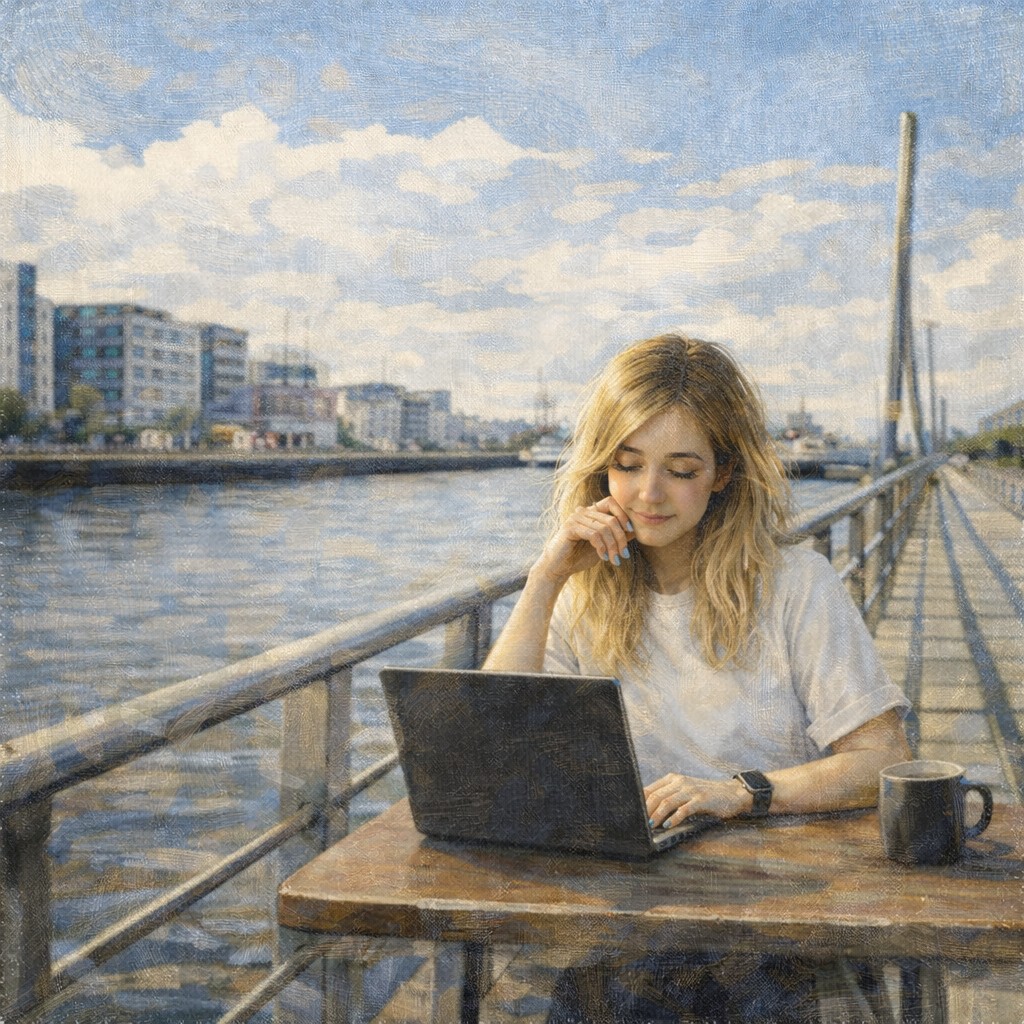 Illustration of Ruth working on a laptop at an outdoor table by the water.