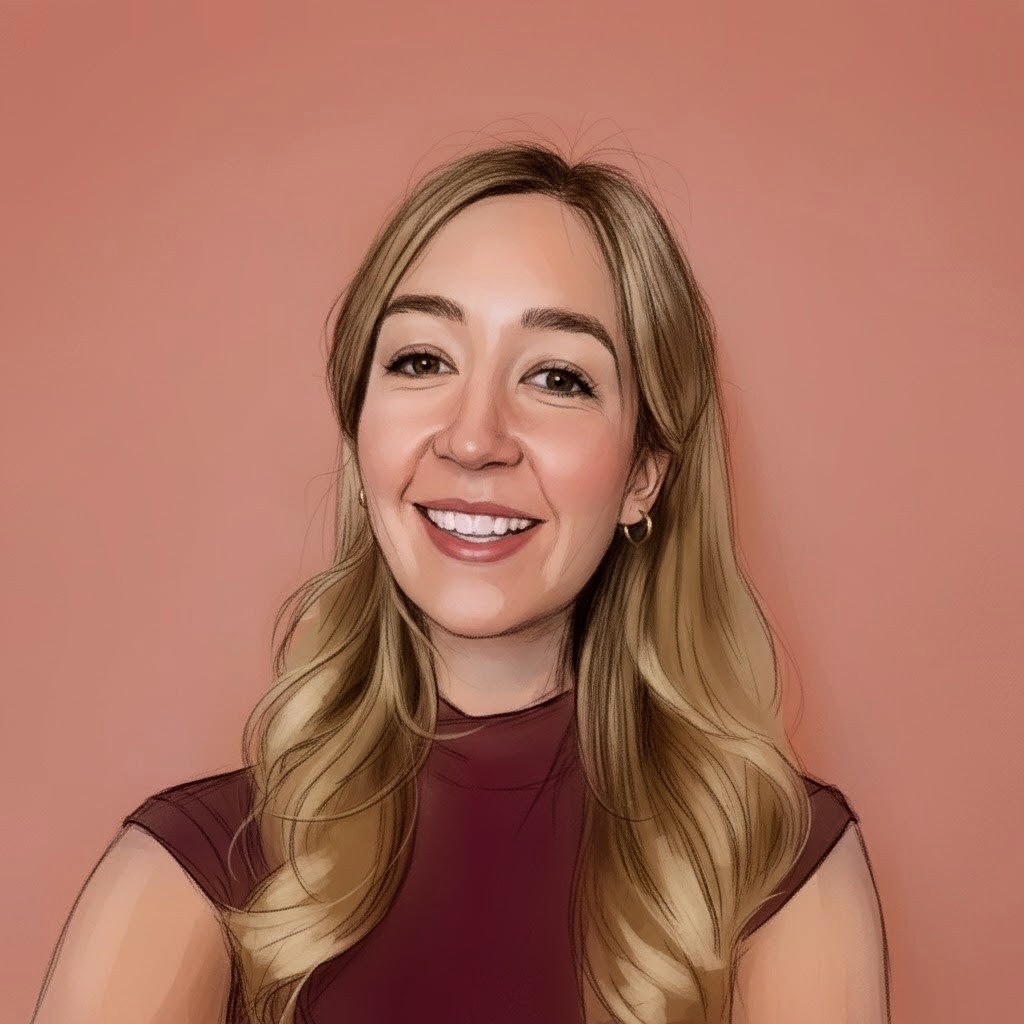 Illustration of Ruth working on a laptop at an outdoor table by the water.