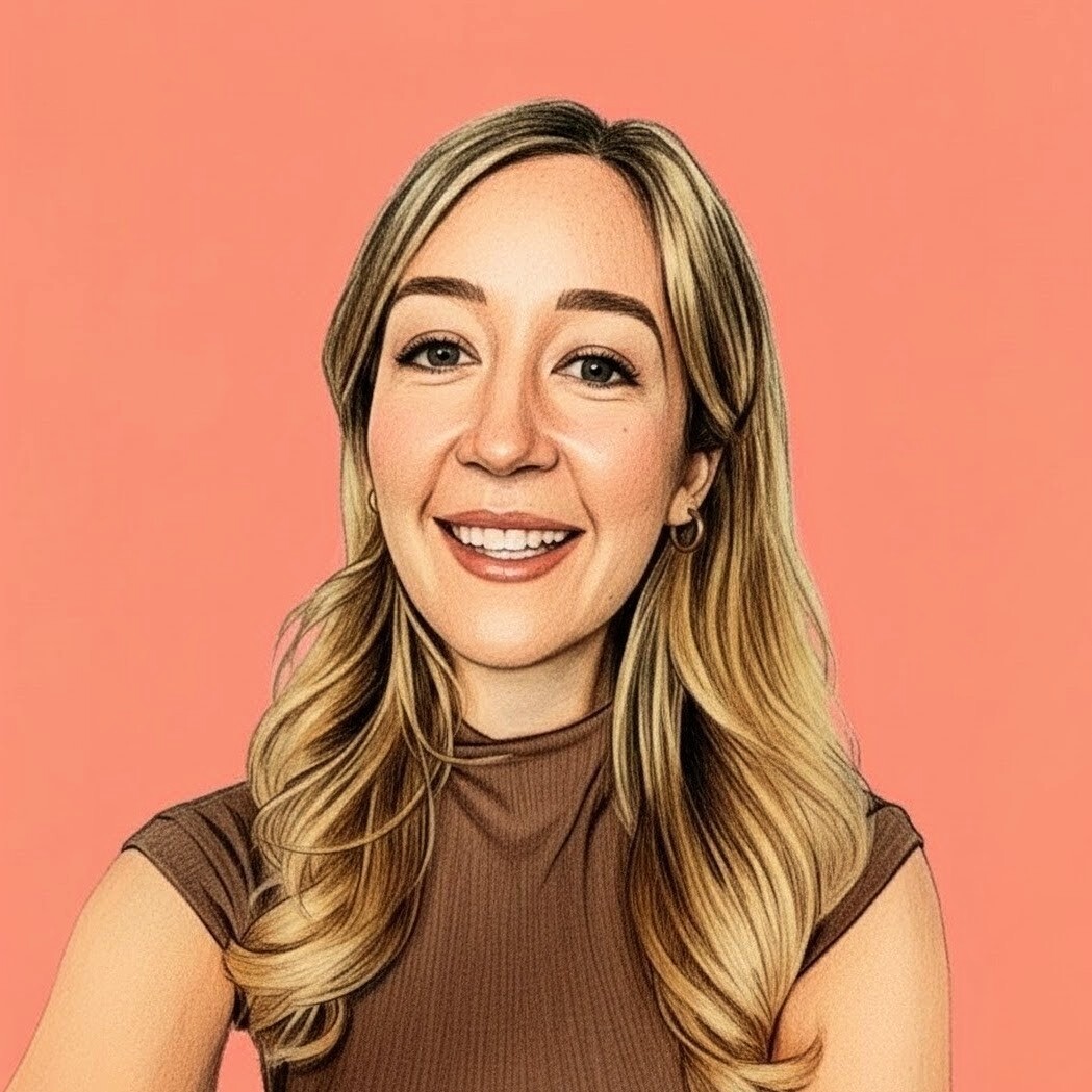 Illustration of Ruth working on a laptop at an outdoor table by the water.