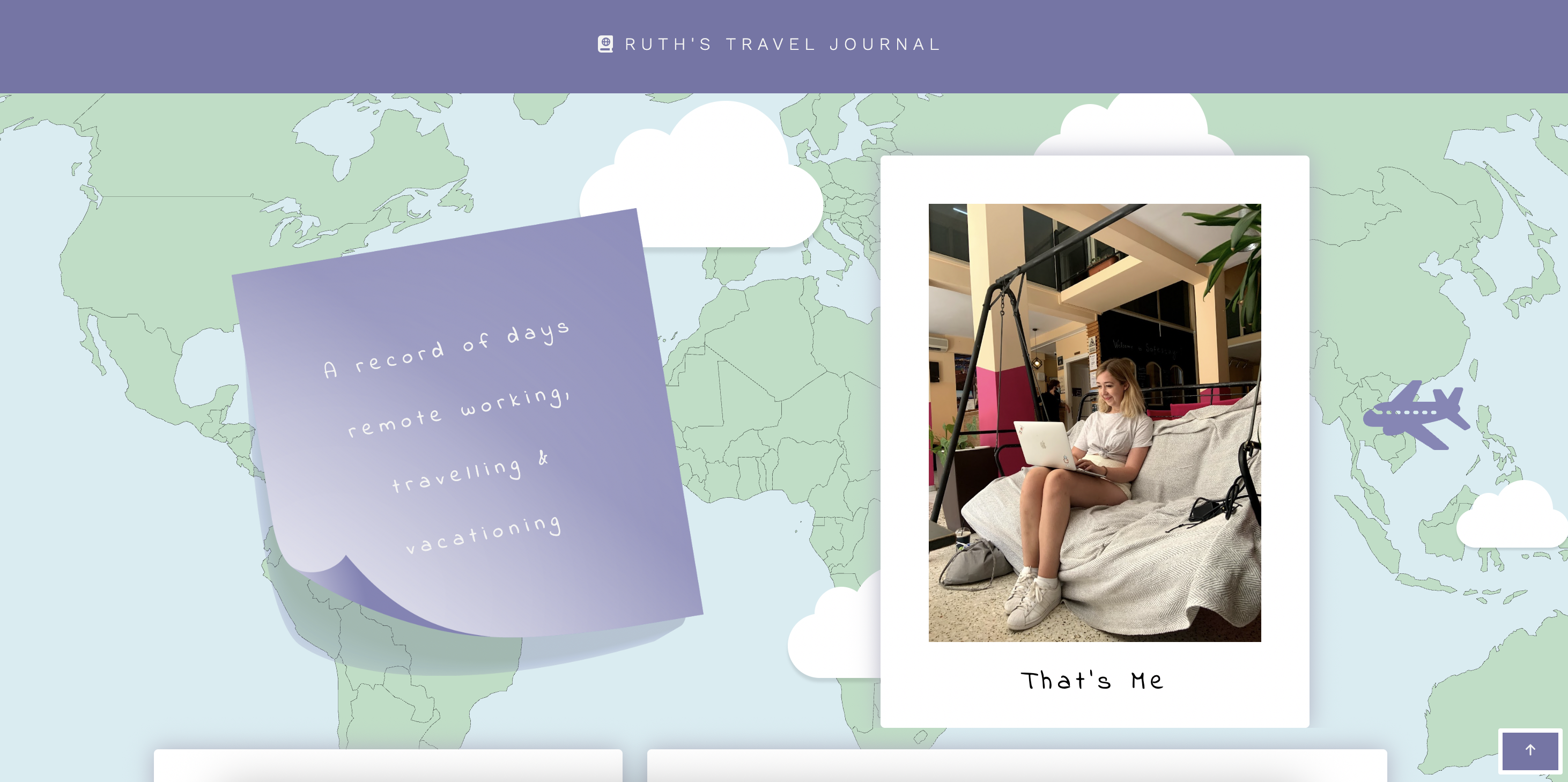 Ruth's Travel Journal: map hero with sticky note and polaroid photo.
